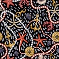 Seamless pattern with starfishes, shells and rope. Vector trende print. Royalty Free Stock Photo