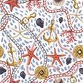 Seamless pattern with starfishes, shells and rope. Vector trende print. Royalty Free Stock Photo