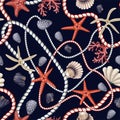 Seamless pattern with starfishes, shells and rope. Vector trende print. Royalty Free Stock Photo