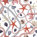 Seamless pattern with starfishes, shells and rope. Vector trende print. Royalty Free Stock Photo