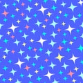 Seamless pattern with starlight sparkles, twinkling stars. Shining blue background. Night starry sky. Cartoon style.