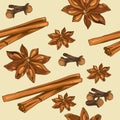 Seamless pattern of stars anise, cloves and cinnamon on a light background