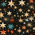 a seamless pattern with stars and fireworks on a black background Royalty Free Stock Photo