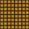 Seamless pattern stars flowers Ornament of Russian folk embroidery, yellow orange gold on black background. Can be used for