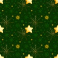 Seamless pattern with stars in green and gold for fabric, paper, scrapbooking, wrapping. Blue background Royalty Free Stock Photo