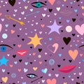 Seamless pattern with stars, hearts, lips, arrows, eyes. colorful and festive