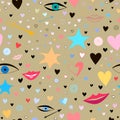 Seamless pattern with stars, hearts, lips, arrows, eyes. colorful and festive