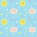 Seamless pattern with stars, kawaii cloud and sun.