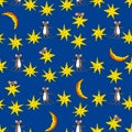 Seamless pattern with stars, moon and mice