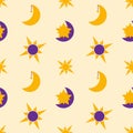 Seamless pattern, stars, moon and sun in boho style on a light background. Violet yellow design. Print, textile Royalty Free Stock Photo