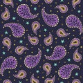 Seamless pattern with stars and paisley on dark blue background. Boho repeat wallpaper. Royalty Free Stock Photo