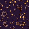 Seamless pattern with stars, planets and moon. Astronomical background. Print for textile, wallpaper, covers, surface