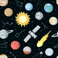 Seamless pattern with stars, planets and satellites in cosmos. Cartoon print with space elements, vector illustration Royalty Free Stock Photo