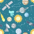 Seamless pattern with stars, planets and satellites in cosmos. Cartoon print with space elements, vector illustration Royalty Free Stock Photo