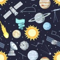 Seamless pattern with stars, planets and satellites in cosmos. Cartoon print with space elements, vector illustration Royalty Free Stock Photo