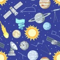 Seamless pattern with stars, planets and satellites in cosmos. Cartoon print with space elements, vector illustration Royalty Free Stock Photo