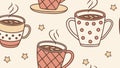 Seamless pattern of steaming coffee cups and assorted sweet pastries, vector design Generative AI Royalty Free Stock Photo
