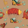 Seamless pattern steampunk hearts, airship s and keys on coffee background