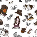 Seamless pattern steampunk with old bicycle, steampunk girl, cylinder, gogla glasses. Seamless pattern can be used for wallpaper,