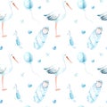 Seamless pattern of a stork,baby boy,toys and air balloon. Royalty Free Stock Photo