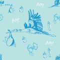 Seamless pattern of stork with baby boy and