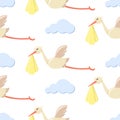 Seamless pattern with stork carrying baby Royalty Free Stock Photo