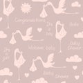 Seamless pattern with storks, babies and phrases