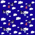 Seamless pattern of storks carry babies on the sky background