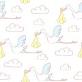 Seamless pattern with storks carrying babies