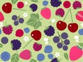 Seamless pattern with strawberries, blueberries, blackberries, raspberries, cherries and black currants.