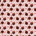 Seamless pattern with strawberries in chocolate. Fresh sweet berries and decorative hearts. Royalty Free Stock Photo