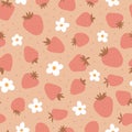 Seamless pattern with strawberries and flowers. Cute print for kids. Boho cute background