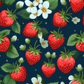 Seamless pattern with strawberries and flowers on dark blue background Royalty Free Stock Photo