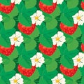 Seamless pattern with Strawberries with flowers and leaves. Royalty Free Stock Photo