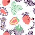 Seamless pattern of strawberries. Fruit, leaf, slice, flower of strawberry. Vector hand drawn illustration set in modern trendy Royalty Free Stock Photo