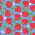 Seamless pattern with strawberries, leaves and flowers on a blue background. Vector graphics