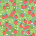 Seamless pattern with strawberries, leaves and flowers.