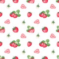 Seamless pattern with strawberries, leaves and flowers on a white background. Watercolor illustration. Print on fabric Royalty Free Stock Photo