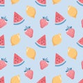 Seamless pattern, strawberries, lemons and watermelons on a blue background. Print, summer background, vector