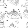 Seamless pattern from strawberry cake and chocolate roll. Vector illustration of seamless background of cakes