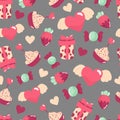 Seamless pattern with strawberry, cupcake, gift box, candy and heart. February 14, romantic day