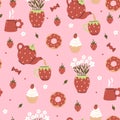 Seamless pattern with strawberry cups, teapots. Vector graphics