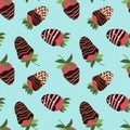 Seamless pattern with strawberry in dark chocolate, sprinkle. Vector, flat