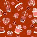 Seamless pattern with strawberry desserts and drinks. Vector graphics