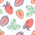 Seamless pattern of strawberries. Fruit, leaf, slice of strawberry. Vector hand drawn illustration set in modern trendy flat style
