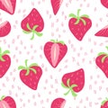Seamless pattern Strawberry with half berry, stripes. crimson color. Vector background.