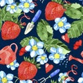 Seamless pattern with strawberry plant and berry, gardening tool, flower on blue Royalty Free Stock Photo