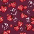 Seamless pattern strawberry on red background. Sketched food vector background.Hand drawn Abstract berry for card, print