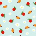 Seamless pattern strawberry, white daisy, butterfly on blue background, vector eps 10 Royalty Free Stock Photo
