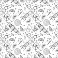 Seamless pattern with street food elements on white background. Vector sketch hand drawn illustration in doodle outline style. Royalty Free Stock Photo